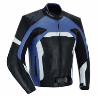 Men's motorcycle leather jacket in dark blue is presented in a front-side view. It features removable protectors on the arms, shoulders, &back for enhanced safety. Additionally, the widened sleeves are optimal for obliging gloves