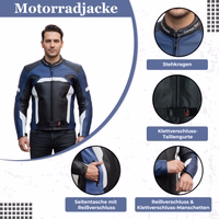 Men's leather motorcycle jacket with stand-up collar, Velcro waist straps, zippered side pocket
