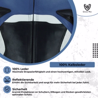 Motorcycle jacket with reflective elements and protectors at shoulders, elbows, back