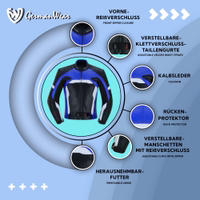 Crafted from calfskin cowhide leather, the men's dark blue motorcycle jacket in front-view boasts a front zipper. It features a back protector, removable lining, and adjustable cuffs with zipper, ensuring both style and functionality.