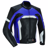 Men's motorcycle leather jacket in dark blue is presented in a front-side view. It features removable protectors on the arms, shoulders, &back for enhanced safety. Additionally, the widened sleeves are optimal for obliging gloves