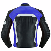 In rear view, the men's dark blue motorcycle jacket features arm, shoulder, elbow, and back protectors. It includes Velcro fasteners on the neck and bottom above the main zipper, ensuring a secure fit and enhanced safety