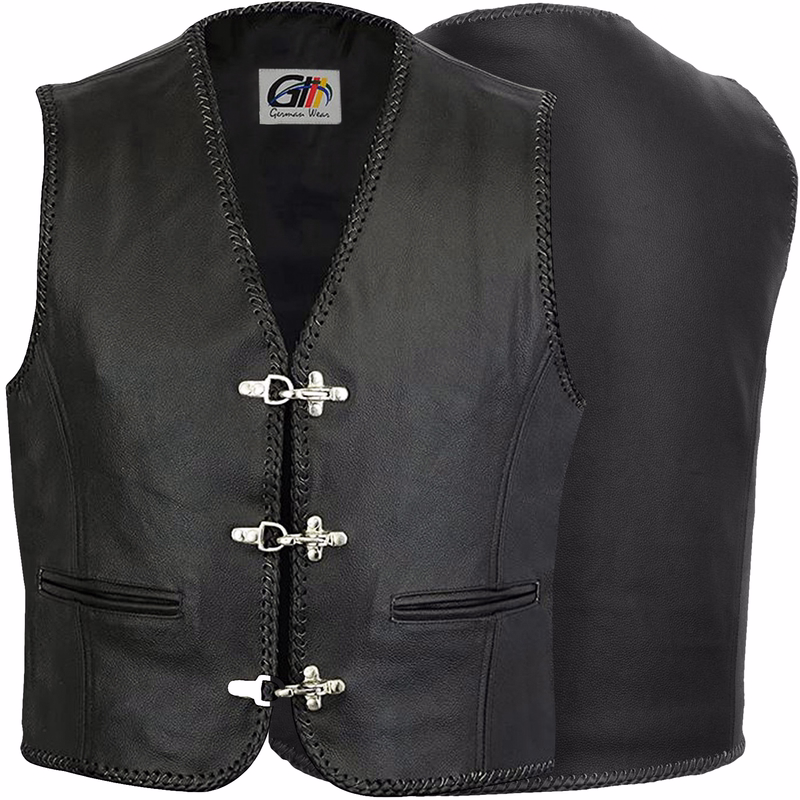 Leather Motorcycle Vest Leathervest Bikervest black Vorder- und Rückansicht einer eleganten schwarzen Motorradweste aus echtem Kalbsleder. Bietet unschlagbare Haltbarkeit und Komfort, mit großzügigen Taschen und sicherem Karabiner-Verschluss – ein Muss für jeden ernsthaften Biker.