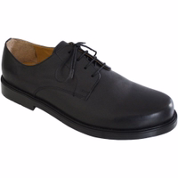 A side view of elegant black leather business shoes featuring a sleek design. Crafted from 100% cowhide leather, these men's lace-up shoes have a short shaft, combining sophistication with comfort.