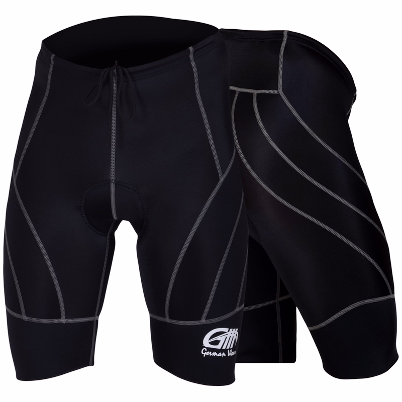 Herren-Radshorts Schwarz/Grau Herren-Leicht-Radshorts in kräftigem Schwarz, Vorder- und Rückansicht. Aus 100 % Elastan gefertigt, mit Lederpolster für überlegenen Komfort und Langlebigkeit. Mit nahtloser Konstruktion für optimale Passform entwickelt.