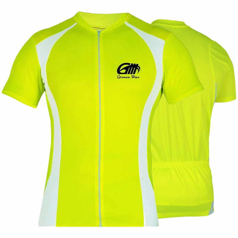 Herren-Neongelbes Fahrradtrikot Vorder- und Rückansicht eines neongelben Fahrradtrikots mit durchgehendem Frontreißverschluss. Hergestellt aus 100 % Elasthan, verfügt das Trikot über einen Rundhalsausschnitt und kurze Ärmel. Auf der Rückseite befinden sich mehrere Taschen für praktische