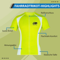 A front view of a vibrant neon yellow cycling jersey featuring a zipper, short sleeves, and a round neck. Designed for comfort, it boasts breathable fabric with flat seam construction and a multi-panel design, reflecting high-quality German craftsmanship.