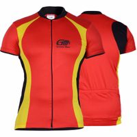Front and back view of a red and yellow cycling jersey by German Wear, featuring a full-zip front, short sleeves, and a moisture-wicking fabric designed for comfort and performance during cycling activities