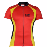 Front view of a red and yellow cycling jersey with a full-length front zipper, featuring a German wear logo on the front. Likely made from polyester or a moisture-wicking fabric.
