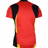 Back view of a red and yellow cycling jersey featuring a full-length front zipper, short sleeves, a stand-up collar, and breathable fabric panels for ventilation. The jersey is made from moisture-wicking polyester fabric.