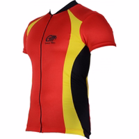 High-Performance Cycling Jersey in Red and Yellow, Featuring Stand-Up Collar and Reinforced Seams. Ideal Activewear for Cycling Enthusiasts.