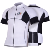 Short-sleeve black and white cycling jersey by German Wear, featuring a front zipper, reflective stripes on the back, ergonomic cut, and rear pockets for storage.