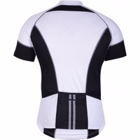 Rear views of a white and black cycling jersey by German wear, featuring rear pockets for storage and reflective stripes on the back for improved visibility.