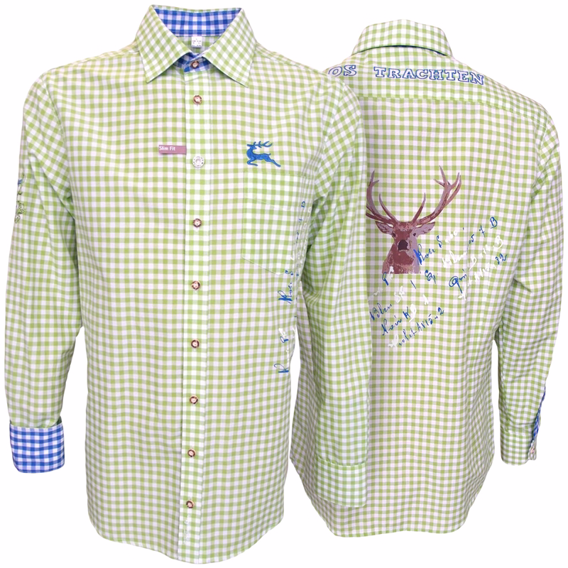Men’s Slim fit Bavarian Traditional Shirt Front and Back view of Men’s Slim fit Bavarian Traditional Bright Green Shirt with elegant embroidery, classic collar, and modern tailoring for Oktoberfest style buy online