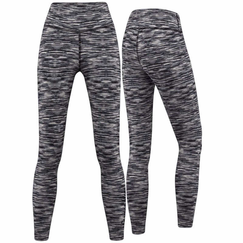 Damen Stretch-Sport-Yoga-Leggings Schwarz/Weiß Vorder und Rückansicht von Damen Stretch Sportleggings in Schwarz Weiß Melange mit Polyester Elasthan Mix für Komfort UV Schutz und Feuchtigkeitsmanagement jetzt Leggings kaufen