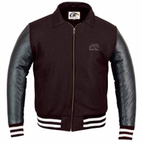Experience luxury &comfort with a Leather Sleeve dark brown College Jacket in front view . The blend of leather, wool,& polyester ensures durability &style. Stand out from the crowd in black or dark brown.