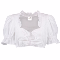 Front view of Bavarian Dirndl blouse, crafted from 100% fine cotton for premium quality and comfort. Featuring a classic white design with short sleeves, this traditional German Dirndl blouse is a timeless addition to any wardrobe.