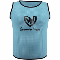 Front view of German Wear 6-Pack Soccer Medium Blue Bibs crafted in lightweight micropolyester with dual mesh texture offering comfort and durability for soccer and team practice sports gear buy now.