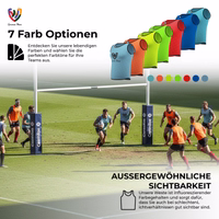 6 training bibs in medium blue displayed together showing mesh fabric and short sleeves