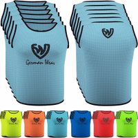 Front and back view of German Wear 6-Pack Soccer Medium Blue Bibs made with breathable polyester mesh short sleeves and elastic fit designed for soccer practice sessions and team sports training buy online today.