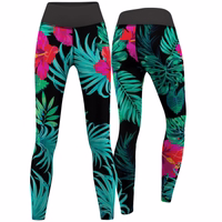 Front and back view of Women’s Flowers and Leaves Sport Yoga Leggings designed for yoga, gymnastics and everyday wear with breathable fabric and UV protection high waist fit get now buy online leggings