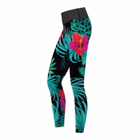 Side view of Women’s Flowers and Leaves Sport Yoga Leggings with trendy high waist fit stretchy polyester elastane blend UV protection and durable all day comfort ideal for sports and leisure buy now online