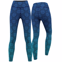 Front and back view of Mandala Blue Leggings – women’s fitness leggings with high waist, stretchy opaque fabric, sweat-wicking comfort, and stylish mandala print for yoga, gym, and training.