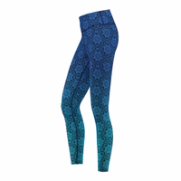 Side view of Mandala Blue Leggings – stretchy yoga leggings with mandala print, slim fit, and durable opaque fabric designed for sports, dance, training, and outdoor fitness activities.