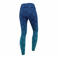 Back view of Mandala Blue Leggings – high-waist sports leggings with opaque, flexible, sweat-wicking fabric and mandala design for yoga, fitness training, gym, and casual everyday wear.