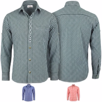 Vorder- und Rückansicht eines traditionellen Herrenhemds. Dieses elegante bayerische Hemd verfügt über eine exquisite Edelweiß-Stickerei und lange Ärmel und ist damit perfekt für jeden Anlass. Mit einer stilvollen Brusttasche.