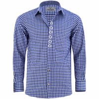 A men's Trachten shirt with long sleeves, made from 100% cotton. It features a deep blue color, a dark blue breast pocket, and traditional German embroidery. Perfect for casual and cultural events, blending classic style with modern comfort.