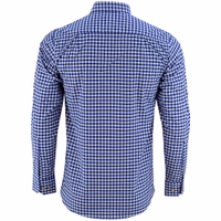 Back view of a men's traditional shirt in dark blue, made from 100% cotton. It has a button closure, Kent collar, built-in breast pocket, and roll-up sleeves. The shirt features an attractive floral design, representing classic German style.