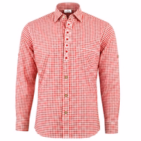 Front view of red traditional shirt, showcasing full buttons, long sleeves and stand-up collar crafted for both comfort and high performance during rides.