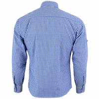 The rear view of this dark blue traditional shirt showcases its high-quality cotton fabric, designed for ultimate comfort. This stylish Bavarian shirt features exquisite Edelweiss embroidery and full sleeves, making it perfect for any occasion.