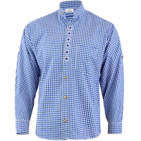 Presenting the front view of this dark blue men's traditional shirt, featuring elegant Edelweiss embroidery and full sleeves. With a stylish chest pocket, it’s a perfect choice for any occasion. Embrace Bavarian fashion and shop online now!