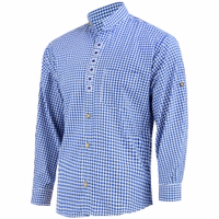 Men's long-sleeve Bavarian traditional shirt in a dark blue gingham pattern. This classic design features a button-up front a chest pocket, and exquisite edelweiss embroidery. 