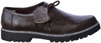 Elegant Bavarian traditional side-laced shoes in dark brown. Crafted from 100% lamb nappa leather for a comfortable fit, featuring a block heel and a short shaft.