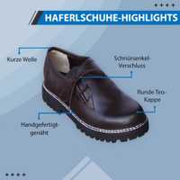 Black Bavarian haferl shoes for men featuring an elegant design with a round toe cap and block heel. These shoes offer a secure and comfortable fit with a classic shoelace closure and are crafted from 100% lamb nappa leather.