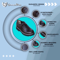 Side view of men’s haferl shoes showcasing their elegant design. The shoes feature a round toe cap and a block heel, combining both style and functionality. Known for their secure and comfortable fit, these German wear shoes are a classic choice.