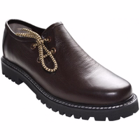 A front view of traditional dark brown shoes showcasing a short shaft and expert handmade craftsmanship. These shoes feature a rounded toe cap and a lace-up closure, all made from luxurious 100% lamb nappa leather.