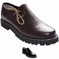 Traditional Bavarian footwear crafted from dark brown or black cowhide leather shoes. These handmade shoes feature a short shaft, round toe cap, and lace fastener, embodying classic style and craftsmanship.