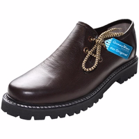 German Wear Traditional Costume – The Original: Front view of traditional dark brown shoes with short shaft, rounded toe cap, lace-up closure, and expert handmade craftsmanship in 100% luxurious lamb nappa leather.
