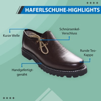 Men’s traditional haferl shoes in dark brown. Features include a short shaft, lace-up closure, round toe cap, and a block heel. Made from 100% smooth leather for a secure and comfortable fit.