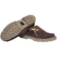 A pair of elegant Bavarian-style shoes in dark brown, crafted from 100% calfskin with a rubber sole. Featuring a sleek design with a block heel, round toe cap, short shaft, and intricate brogue detailing.