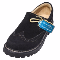 Traditional black Haferl shoes with rubber sole and block heel, handcrafted leather design with short shaft. Includes “German traditional costume fashion – the original” tag.