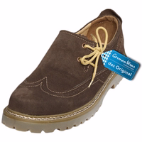 Front view of traditional Bavarian Haferl shoes made from 100% calfskin with soft inner leather. Handcrafted and ideal for festivals, these Trachten shoes feature a tag reading “The Original” – authentic German costume wear.