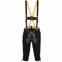 Vorderansicht der Bayerischen Traditionellen Schwarzen Lederhose mit Hosenträgern Stickerei Paspeln Messertasche und Wildlederqualität ideal für Oktoberfest Trachtenfeste und Feiern für Herren jetzt kaufen