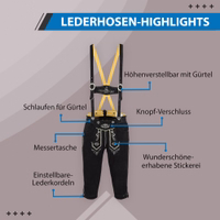 Die Bayerische Traditionelle Schwarze Lederhose mit Hosenträgern im klassischen Kniebundstil mit Knopfverschluss Stickerei und verstellbarer Schnürung hinten ideale bayerische Festmode jetzt erhalten