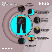 Detailansicht der Bayerischen Traditionellen Schwarzen Lederhose mit Hosenträgern Knopfverschluss Stickerei Paspeln Messertasche und Schnürung hochwertige bayerische Trachtenhose für Herren online kaufen