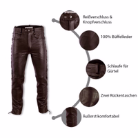 The inner view of classic brown leather motorcycle pants makes a statement with buffalo leather, featuring stylish side lacing for a unique look. Crafted from 100% genuine leather, these jeans offer unparalleled comfort & style for any occasion.